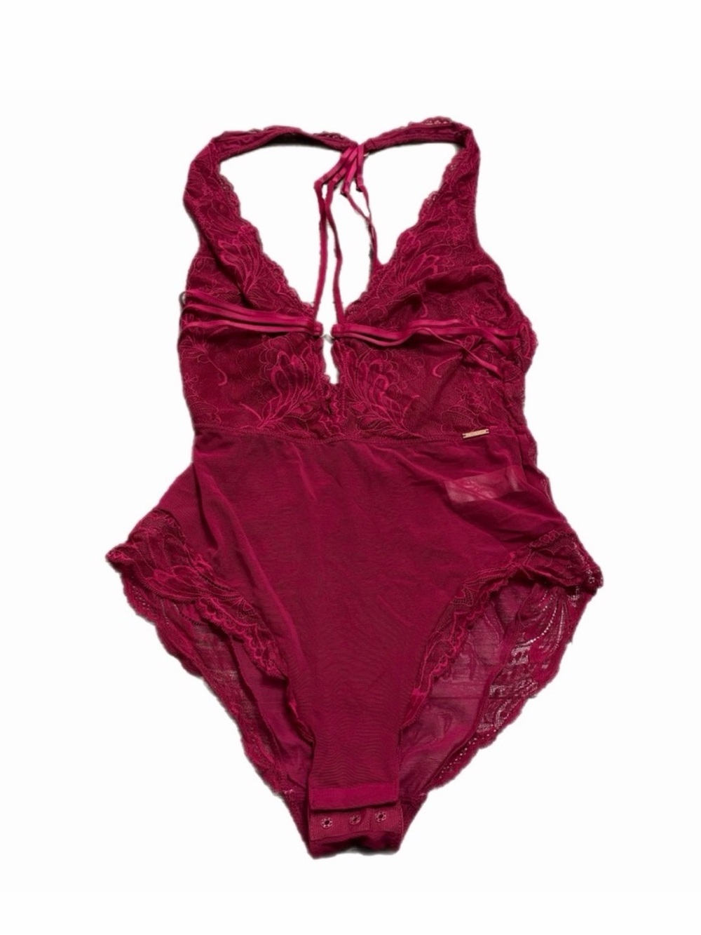 Y2K European Vintage Boux Mesh Floral Lace Strappy Bodysuit Burgundy Size S